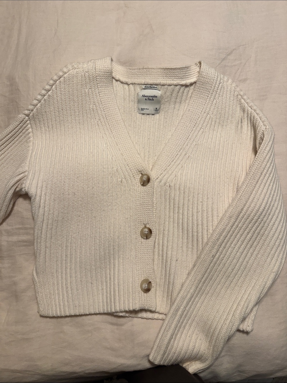 Abercrombie & Fitch Ivory V-Neck Ribbed Button Cardigan